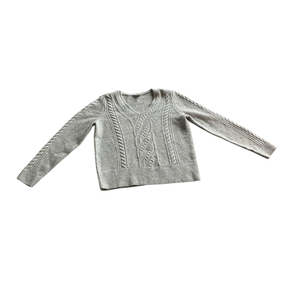 Talbots Cable Knit Sweater Womens MP Grey V-Neck Wool Blend Petite